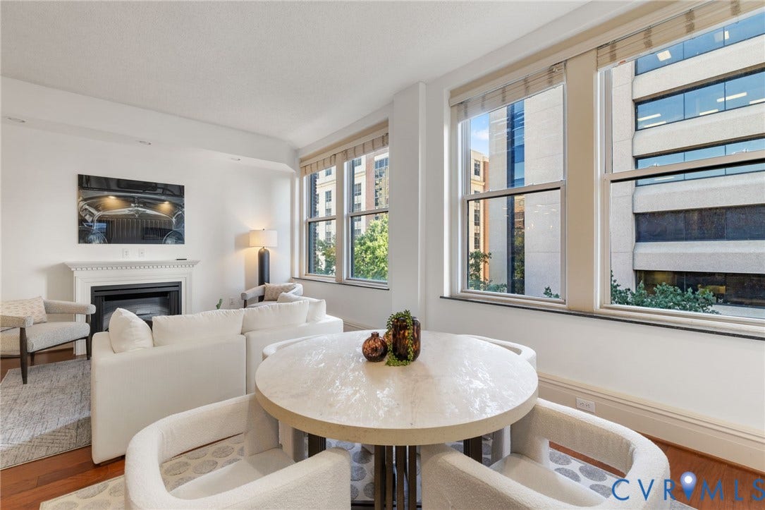 6 N 6th Street, #U5B, Downtown/Financial District, Richmond, VA 23219 Living area featuring a white mantel, fireplace, and hardwood flooring