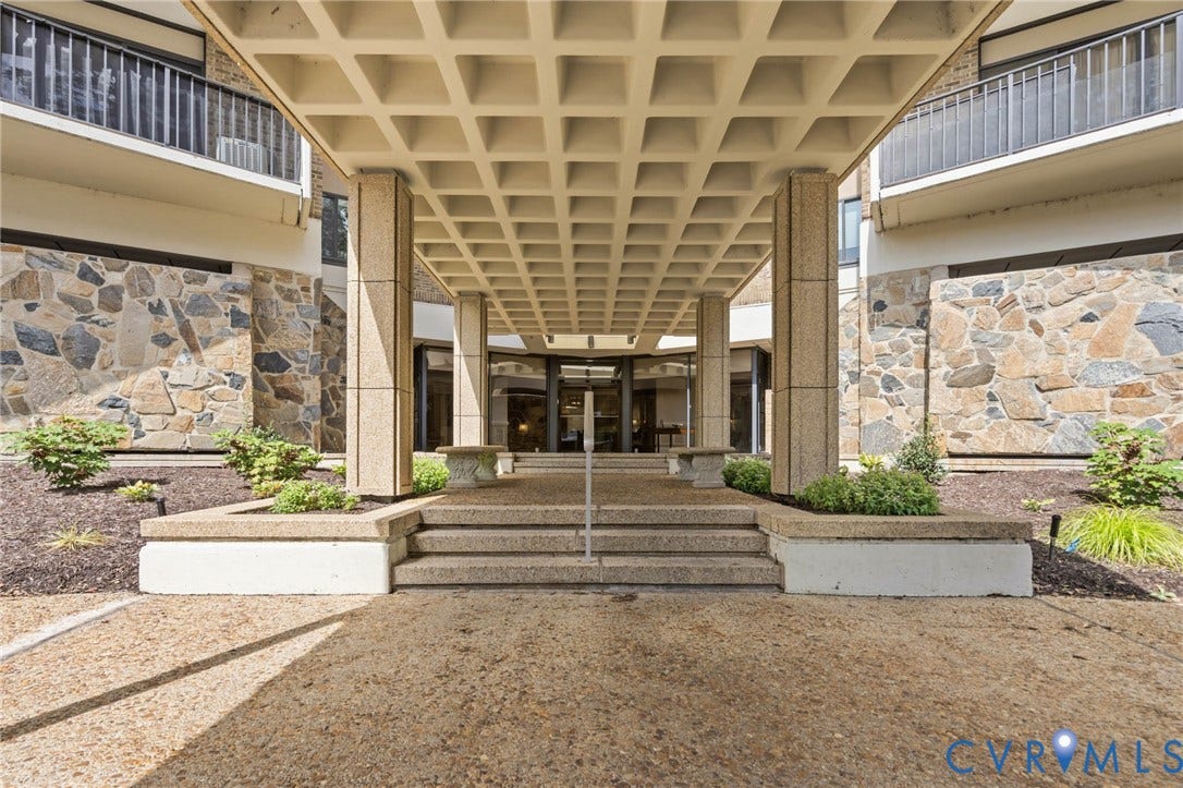 2956 Hathaway Road, #U407, Richmond, VA 23225 Covered entrance with a waffle-slab ceiling and stone-clad facade