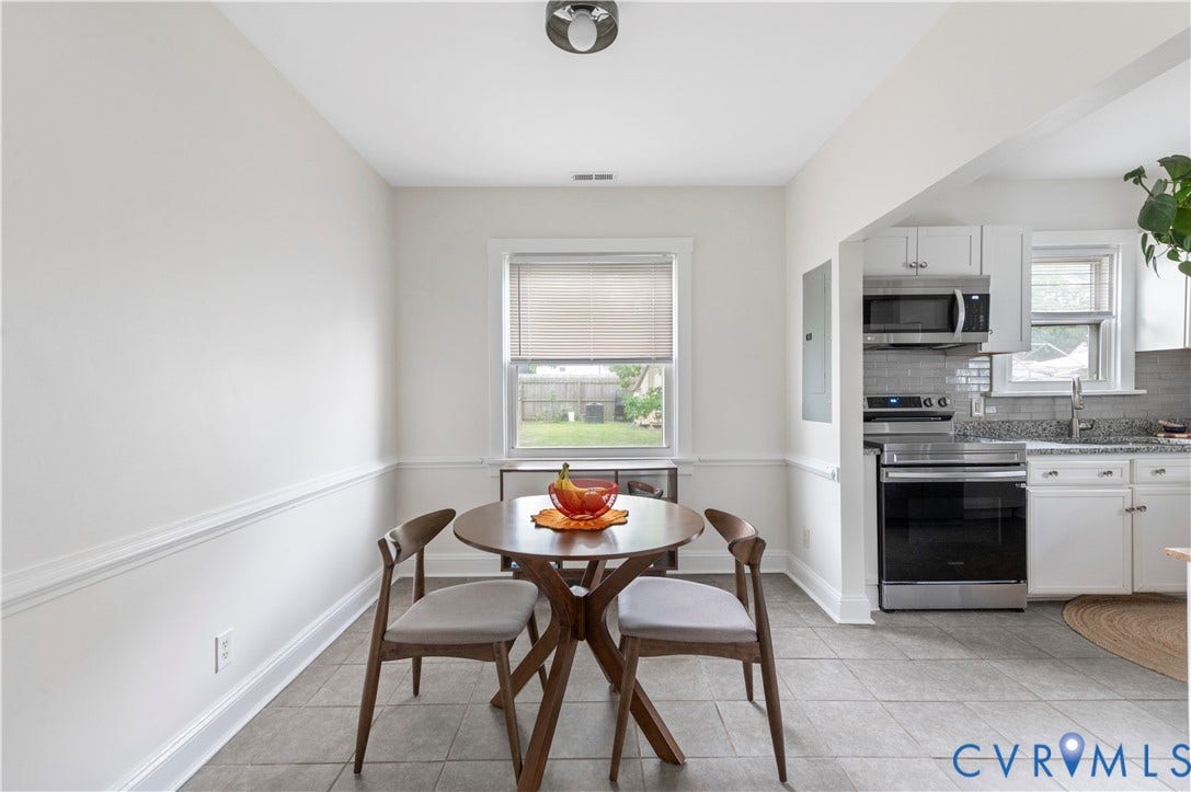 613 Rothesay Road, City Stadium, Richmond, VA 23221 Bright breakfast nook featuring a round pedestal table, wood chairs, and large window with natural light