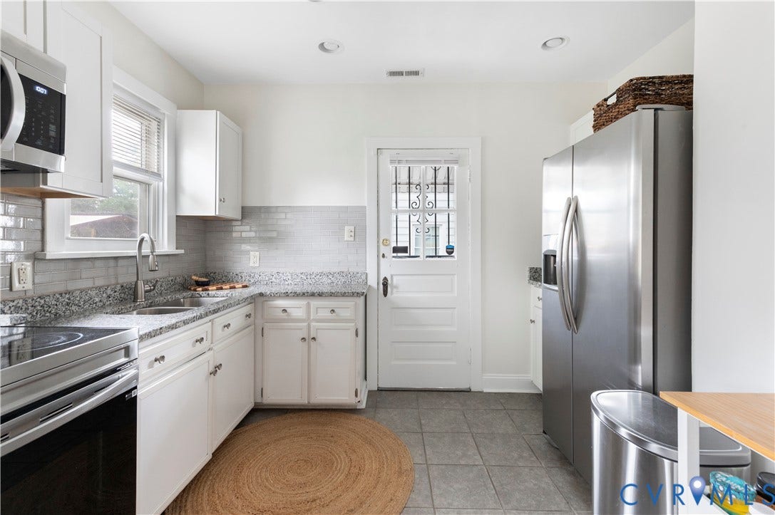 613 Rothesay Road, City Stadium, Richmond, VA 23221 White cabinetry with dark hardware, granite countertops, tile backsplash, built-in stainless steel microwave, and stainless steel refrigerator
