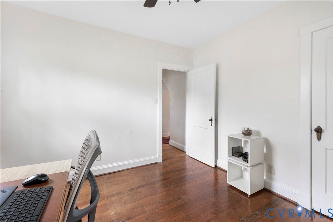 613 Rothesay Road, City Stadium, Richmond, VA 23221 Hardwood flooring, white walls, white trim, and a ceiling fan
