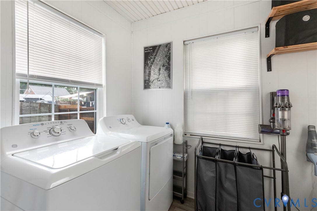 613 Rothesay Road, City Stadium, Richmond, VA 23221 Dedicated laundry area with durable flooring, multiple windows, and a built-in wall shelf