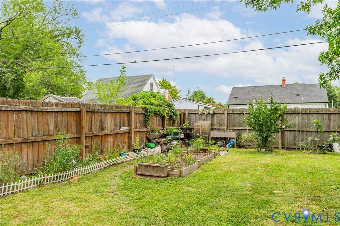 613 Rothesay Road, City Stadium, Richmond, VA 23221 Expansive green space featuring a wood privacy fence, raised garden beds, and mature perimeter trees