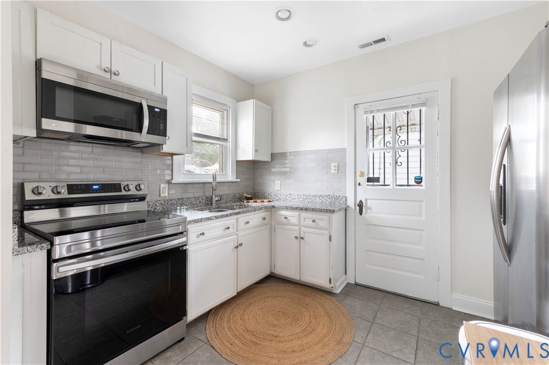 613 Rothesay Road, City Stadium, Richmond, VA 23221 Kitchen featuring white cabinetry, stainless steel appliances, granite countertops, and a tiled backsplash