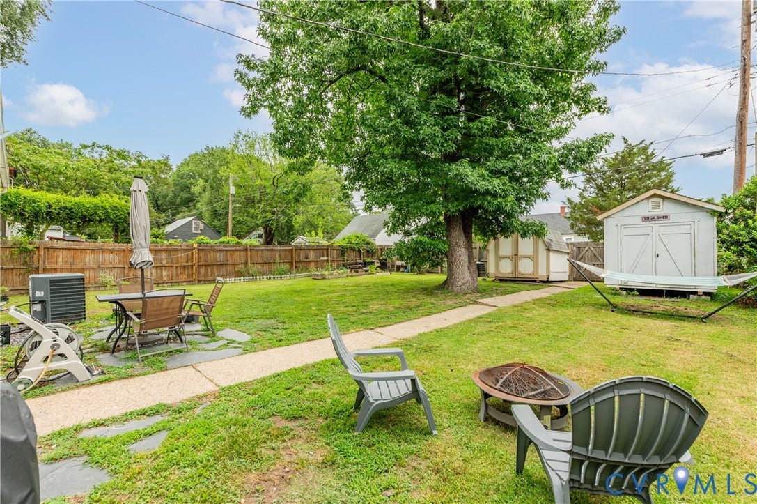 613 Rothesay Road, City Stadium, Richmond, VA 23221 Expansive backyard featuring a manicured lawn, established shade trees, a stone pathway, a wooden privacy fence, and multiple storage sheds