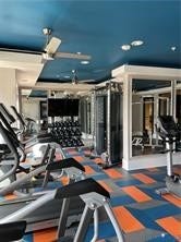 10530 Stony Bluff Drive, #102, Stony Run Condos, Ashland, VA 23005 Fitness center featuring a patterned floor, recessed lighting, ceiling fans, and various exercise equipment