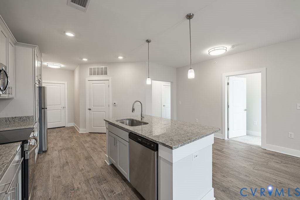 10530 Stony Bluff Drive, #102, Stony Run Condos, Ashland, VA 23005 Kitchen featuring an island with a built-in sink, stainless steel appliances, wood-finish flooring, recessed lighting, and pendant lighting