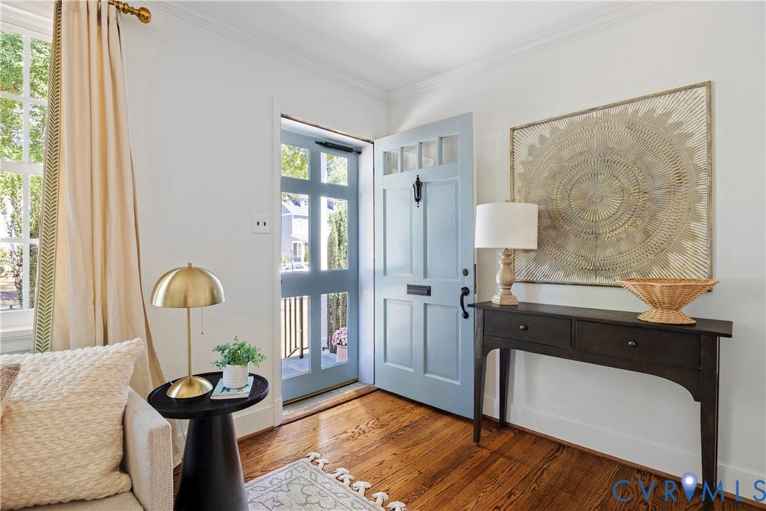 4919 Park Avenue, Near West End, Richmond, VA 23226 Light blue paneled entry door with transom windows, wood-finish flooring, and a console table