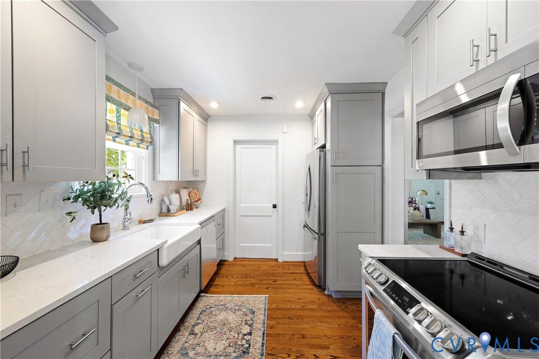 4919 Park Avenue, Near West End, Richmond, VA 23226 Galley kitchen featuring wood-finish flooring, white countertops, two-tone cabinetry, a farmhouse sink, and stainless steel appliances