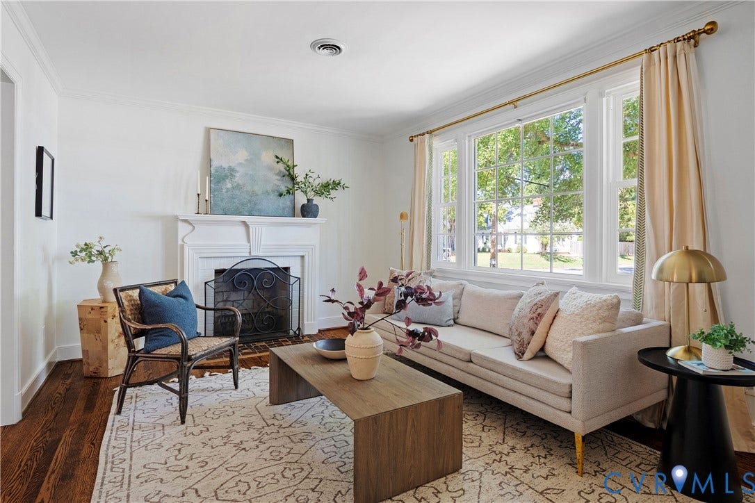 4919 Park Avenue, Near West End, Richmond, VA 23226 Living space featuring a white mantel fireplace, dark wood-finish flooring, and large multi-pane windows