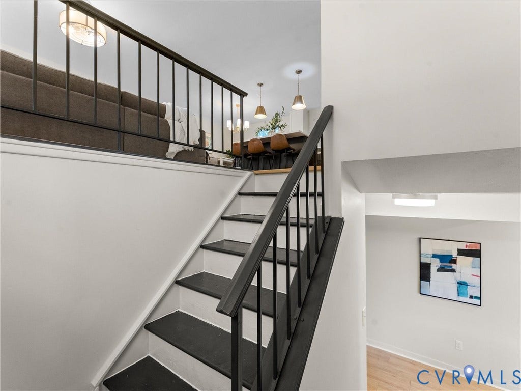 5907 Stella Road, Richmond, VA 23234 Staircase with black risers and white treads, featuring a black metal balustrade