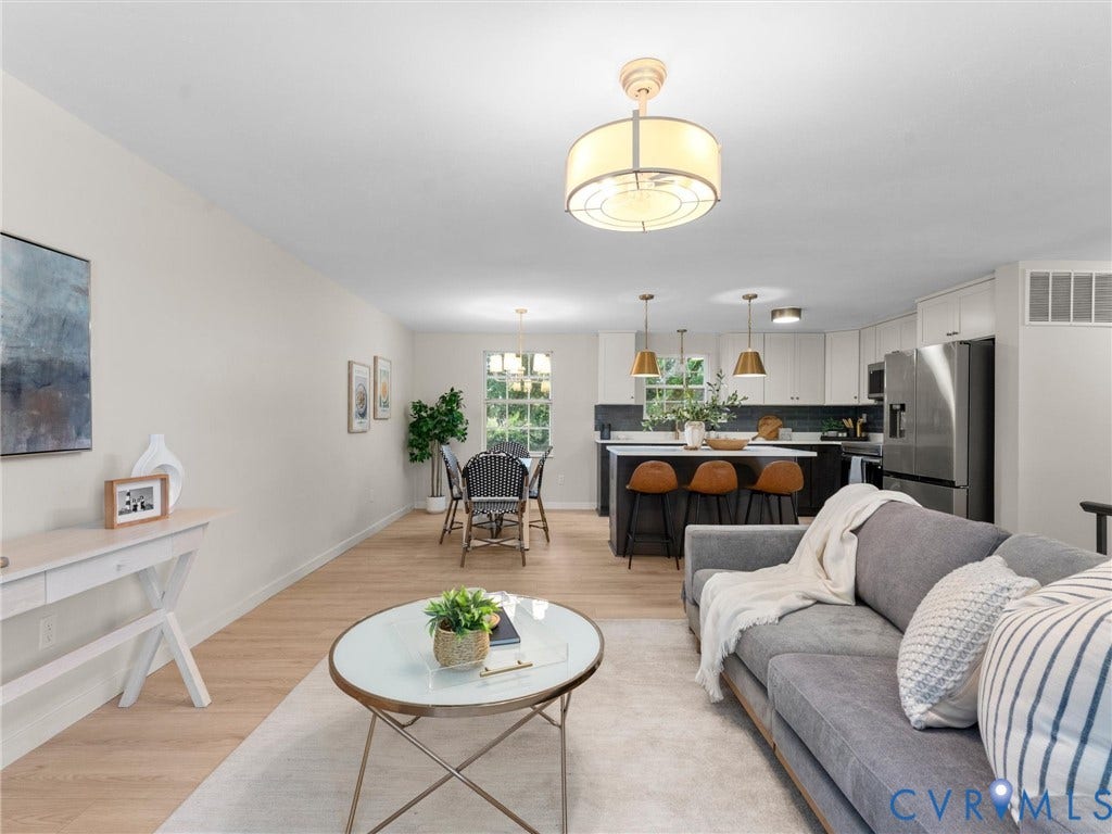 5907 Stella Road, Richmond, VA 23234 Open-concept living space featuring wood-finish flooring, recessed lighting, and a modern kitchen with a large island and stainless steel appliances