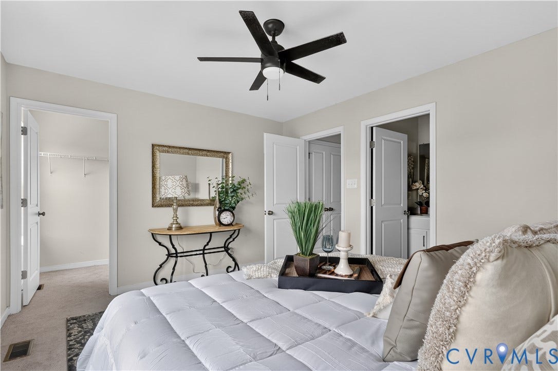 Recessed lighting, ceiling fan, neutral wall tones, interior door access, and carpeted flooring