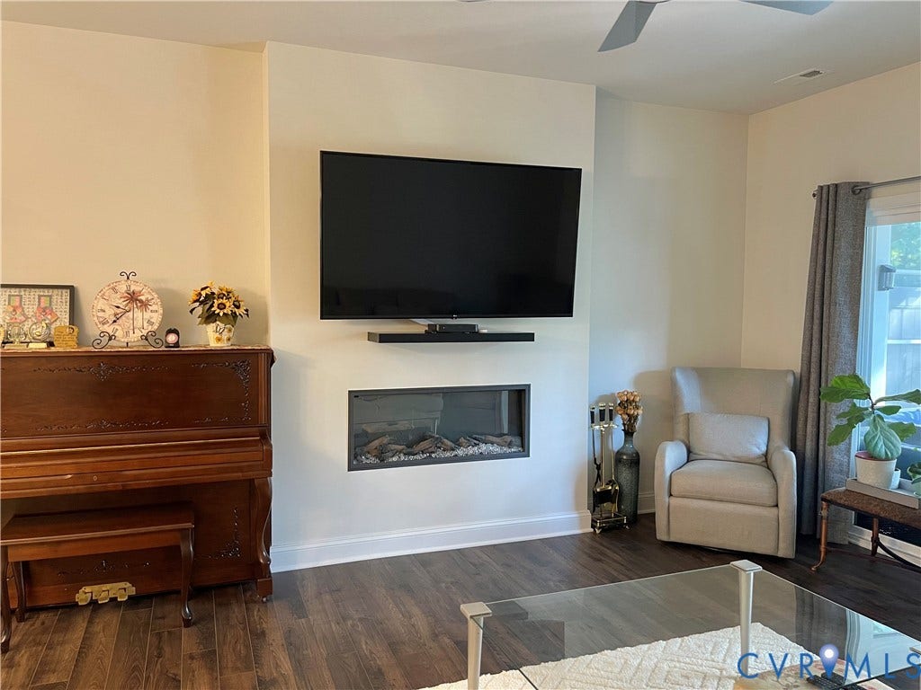 6905 Leire Lane, Chesterfield, VA 23832 Wood-finish flooring, built-in electric fireplace, wall-mounted shelving, and ceiling fan