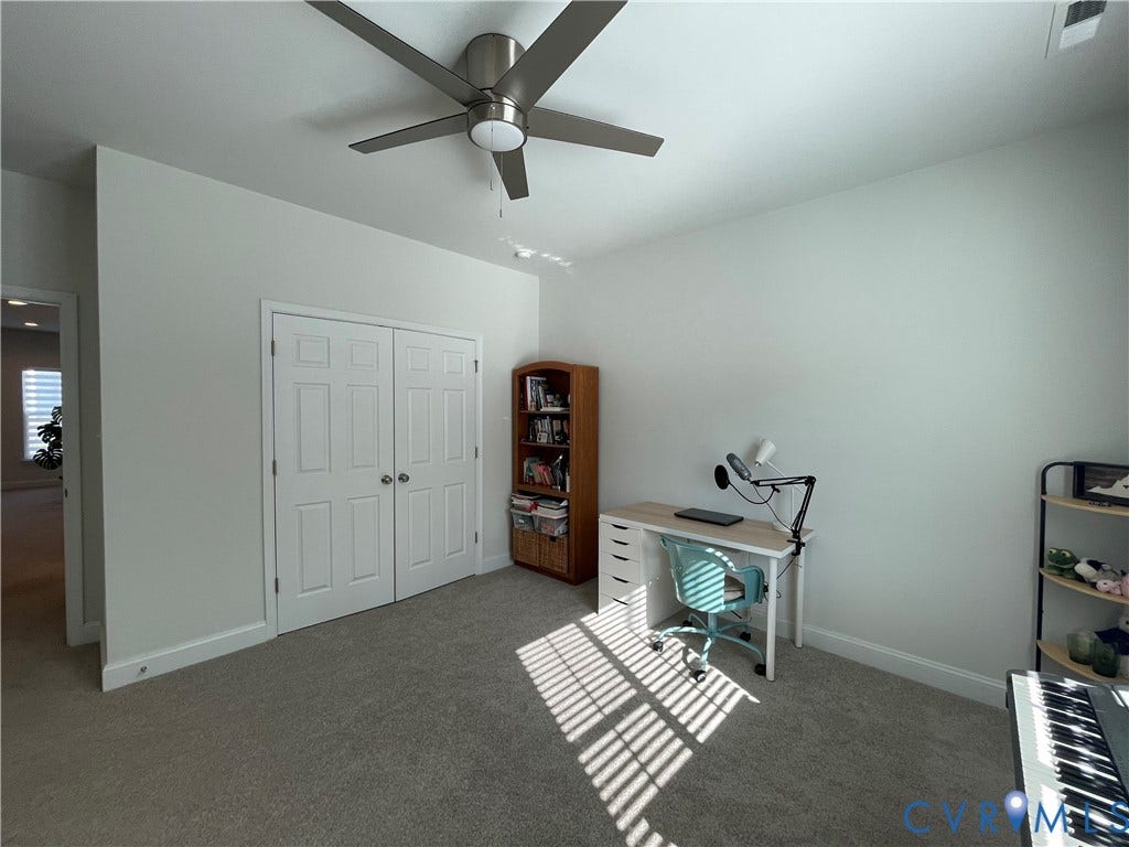 6905 Leire Lane, Chesterfield, VA 23832 Recessed lighting, ceiling fan, neutral carpeting, and a double-door closet
