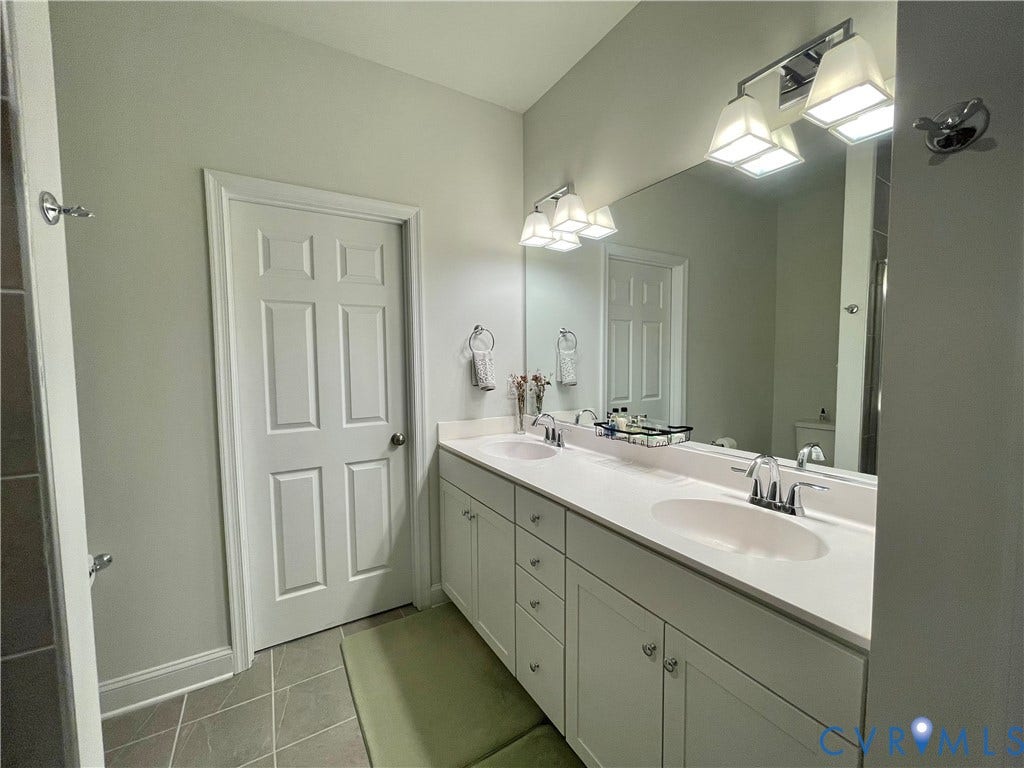 6905 Leire Lane, Chesterfield, VA 23832 Double vanity with white cabinetry, integrated sinks, white countertops, and chrome fixtures