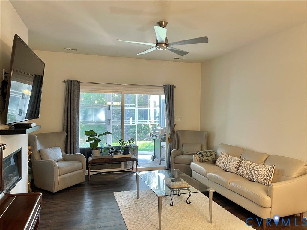 6905 Leire Lane, Chesterfield, VA 23832 Built-in fireplace, wood-finish flooring, ceiling fan, and sliding glass door