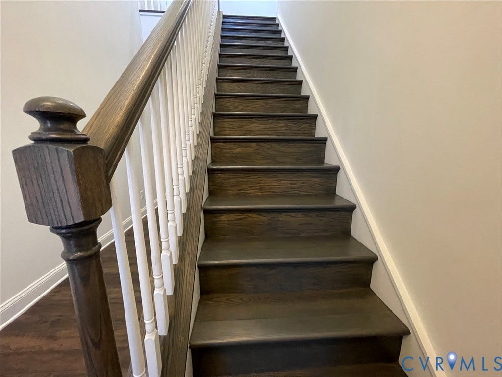 6905 Leire Lane, Chesterfield, VA 23832 Staircase featuring wood treads, painted risers, wood newel post, and white balusters