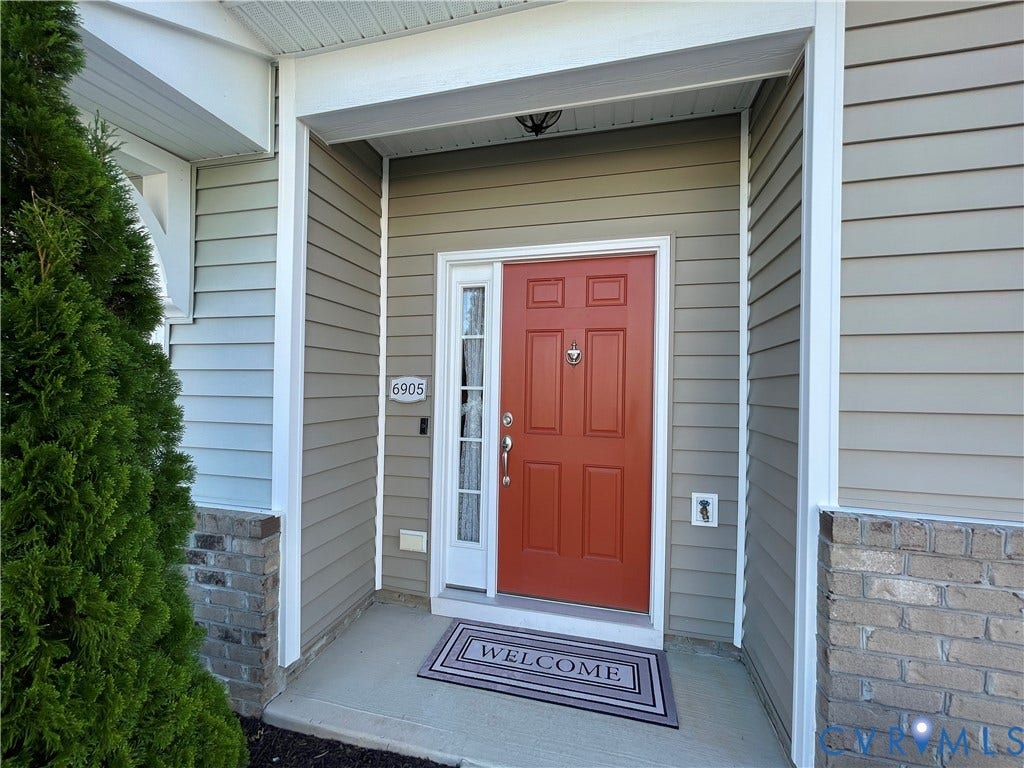 6905 Leire Lane, Chesterfield, VA 23832 Entryway featuring a panel door with sidelight, overhead lighting, and concrete porch