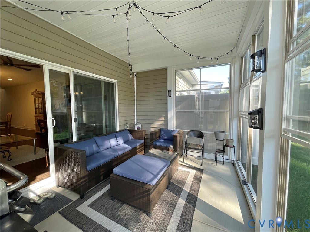 6905 Leire Lane, Chesterfield, VA 23832 Screened porch with vinyl siding and a white paneled ceiling