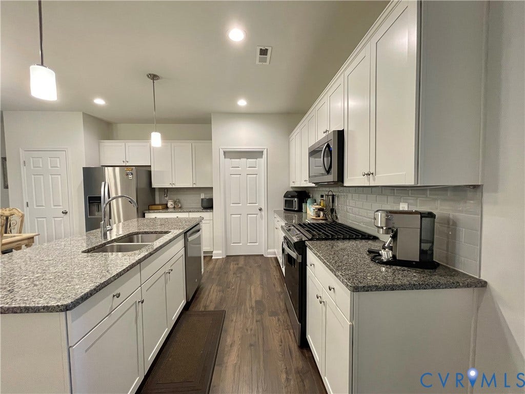 6905 Leire Lane, Chesterfield, VA 23832 Kitchen featuring an expansive island with a double basin sink, stainless steel appliances, white shaker-style cabinetry, granite countertops, and a subway tile backsplash