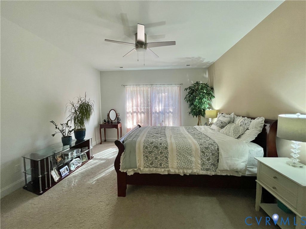 6905 Leire Lane, Chesterfield, VA 23832 Wall-to-wall carpeting, ceiling fan with light fixture, and windows with vertical blinds