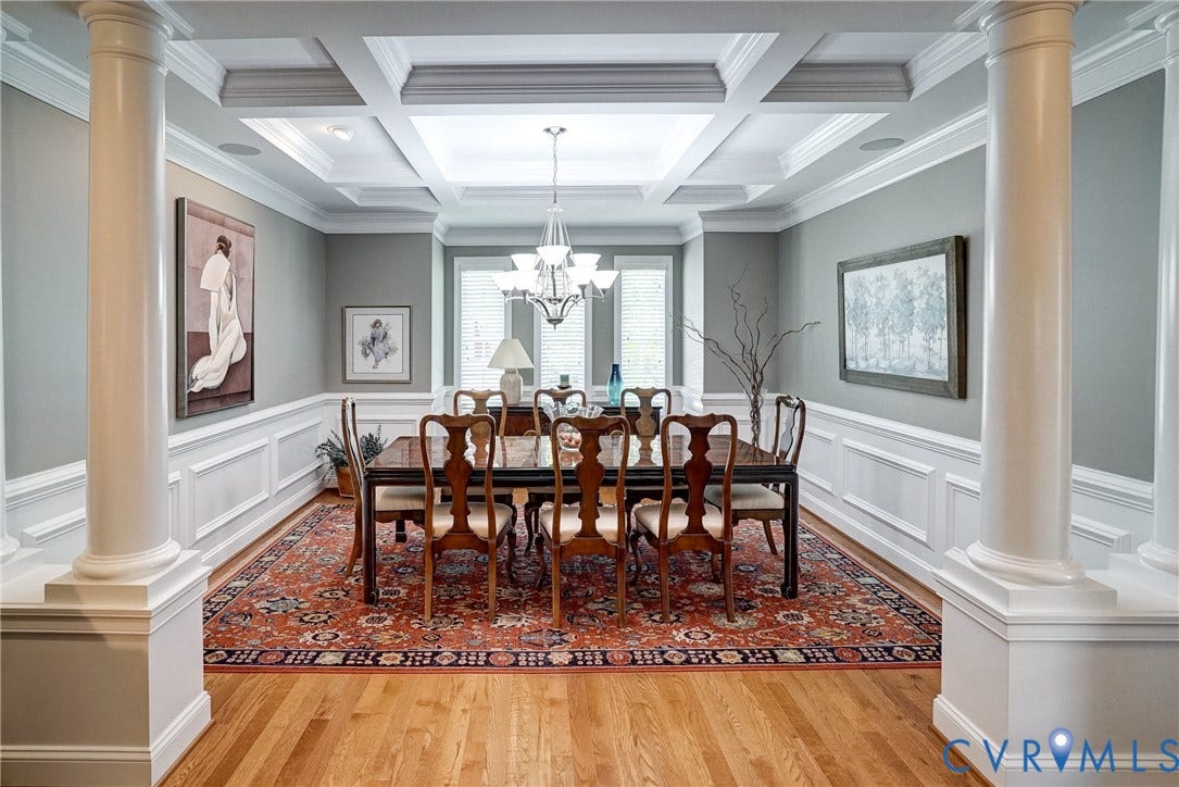 4938 Grey Oaks Villas Drive, Glen Allen, VA 23059 Coffer ceiling with recessed lighting, architectural columns, hardwood flooring, wainscoting, and a chandelier