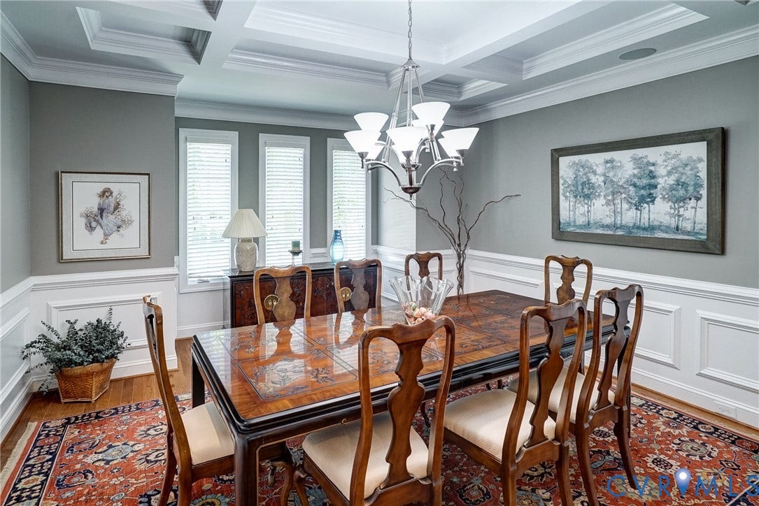 4938 Grey Oaks Villas Drive, Glen Allen, VA 23059 Coffered ceiling with a suspended chandelier, wood-finish flooring, wainscoting, and multiple windows