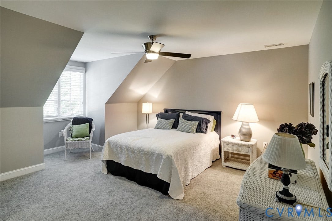 4938 Grey Oaks Villas Drive, Glen Allen, VA 23059 Room featuring carpet flooring, sloped ceiling design, a window with blinds, and a ceiling fan with integrated lighting