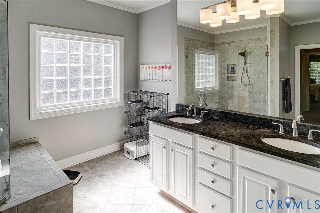 4938 Grey Oaks Villas Drive, Glen Allen, VA 23059 Dual vanity with dark countertop, white cabinetry, and undermount sinks