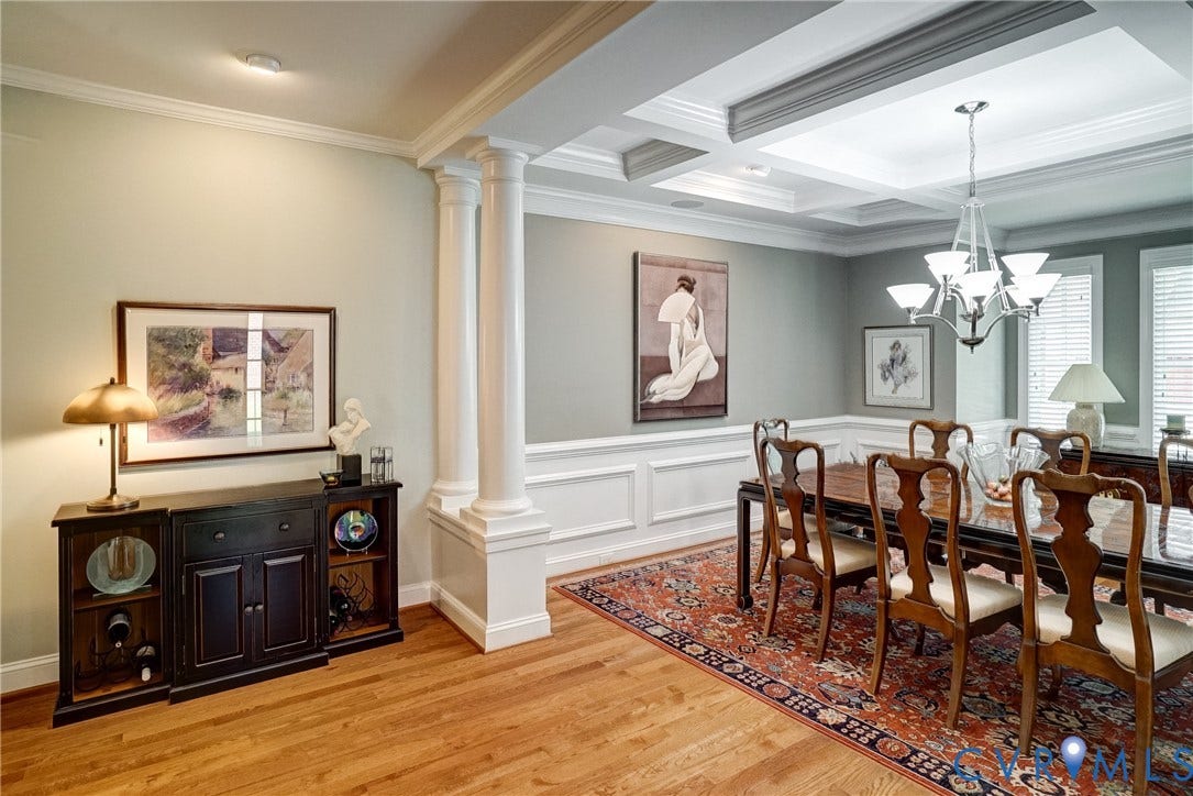 4938 Grey Oaks Villas Drive, Glen Allen, VA 23059 Hardwood flooring, decorative columns, wainscoting, recessed lighting, and a chandelier