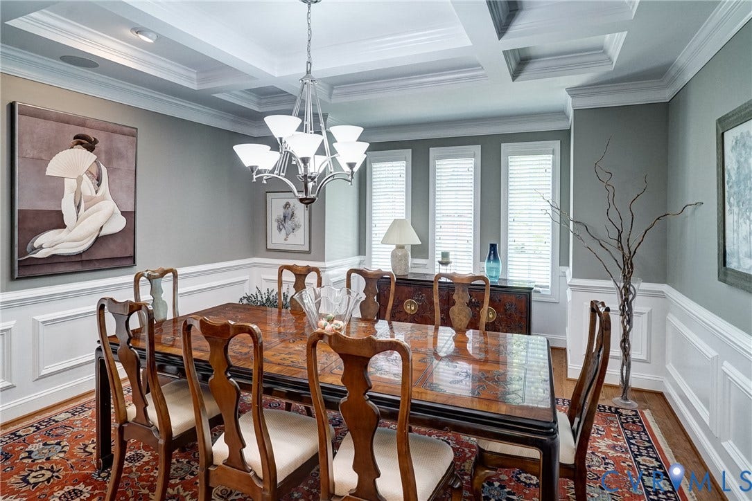 4938 Grey Oaks Villas Drive, Glen Allen, VA 23059 Coffered ceiling, decorative wainscoting, wood-finish flooring, multiple windows with blinds, and a chandelier lighting fixture