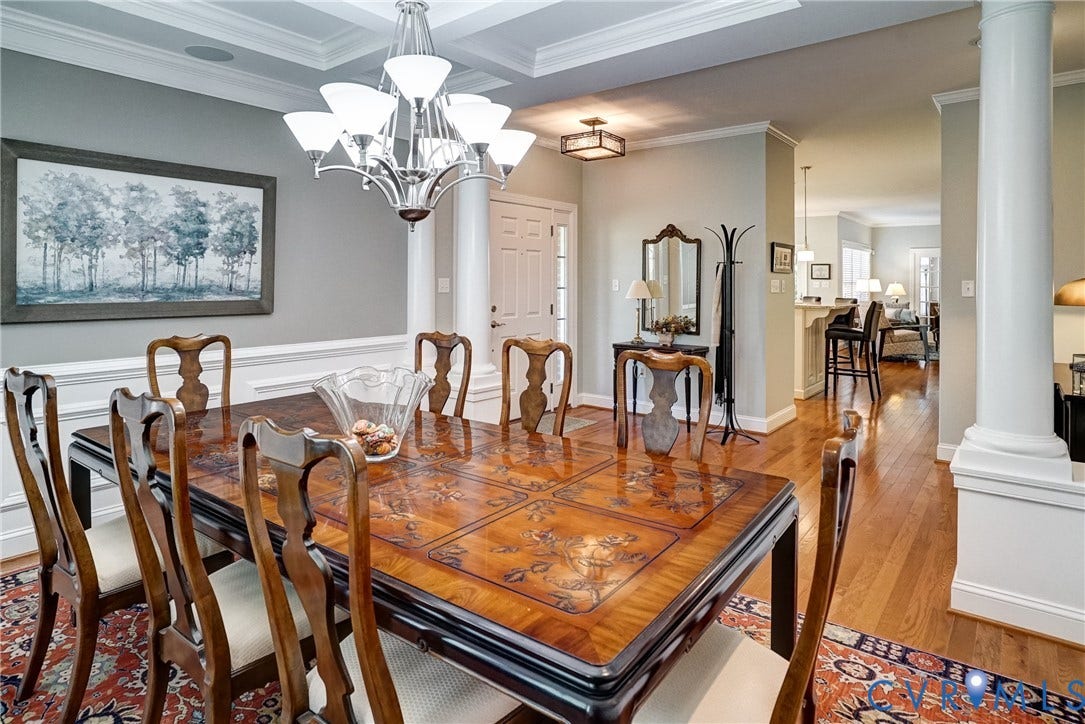 4938 Grey Oaks Villas Drive, Glen Allen, VA 23059 Formal dining area with coffered ceiling, chandelier lighting, and hardwood flooring