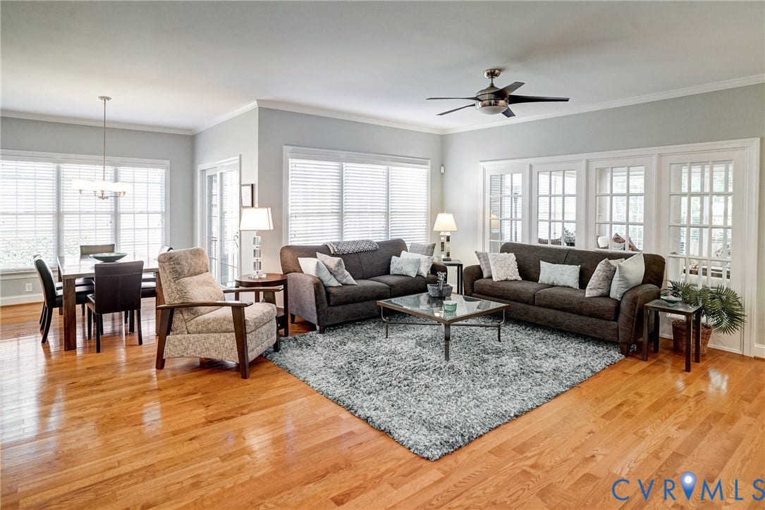 4938 Grey Oaks Villas Drive, Glen Allen, VA 23059 Hardwood flooring throughout, multiple large windows with blinds, a modern ceiling fan, and French doors