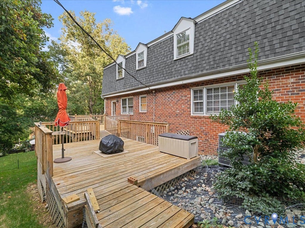 4630 Melody Court, Meadowbrook West, North Chesterfield, VA 23234 Multi-level wood deck with wood railings, brick exterior, and a shingle roof featuring dormer windows