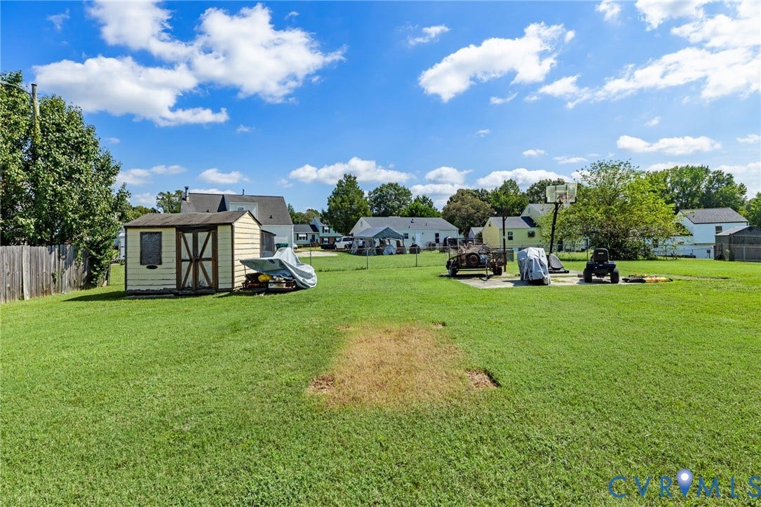 4429 Crown Squire Road, Henrico, VA 23231 Expansive grassy yard featuring a wooden shed, a wood fence, and mature trees