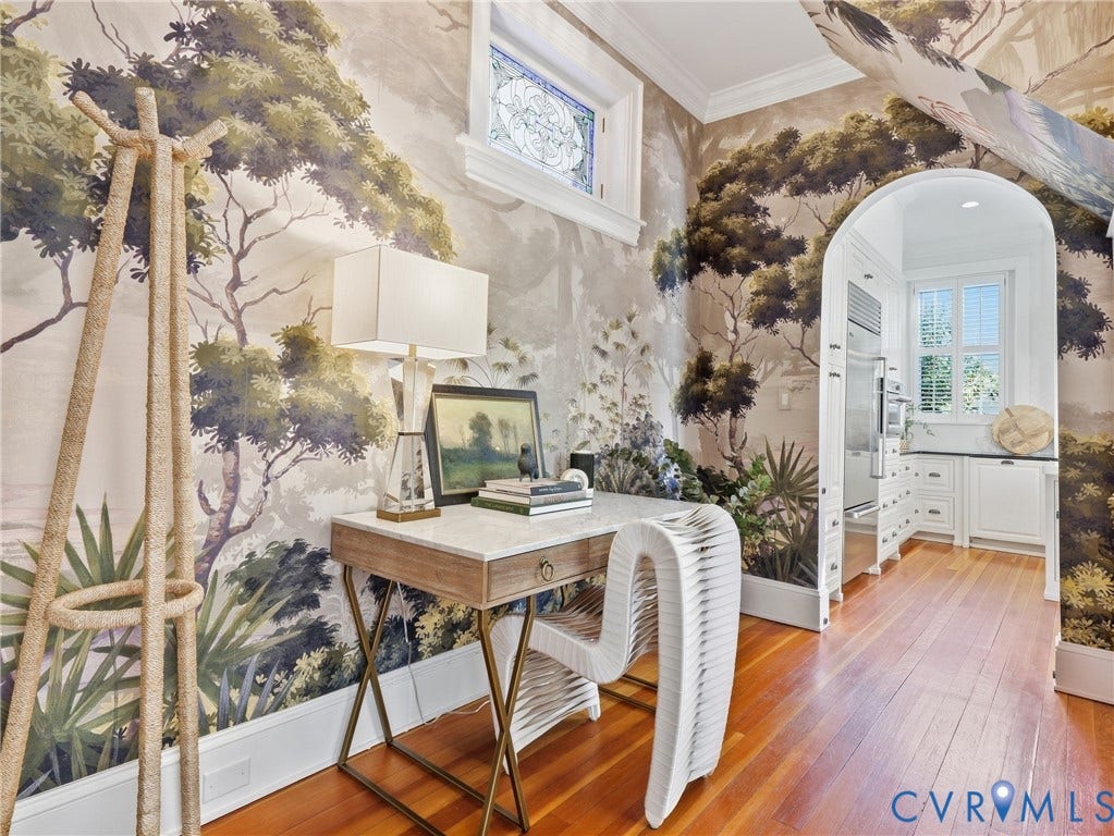 1829 Floyd Avenue, The Fan, Richmond, VA 23220 Hardwood flooring, arched doorway, custom wall covering, built-in cabinetry, and a stained-glass window