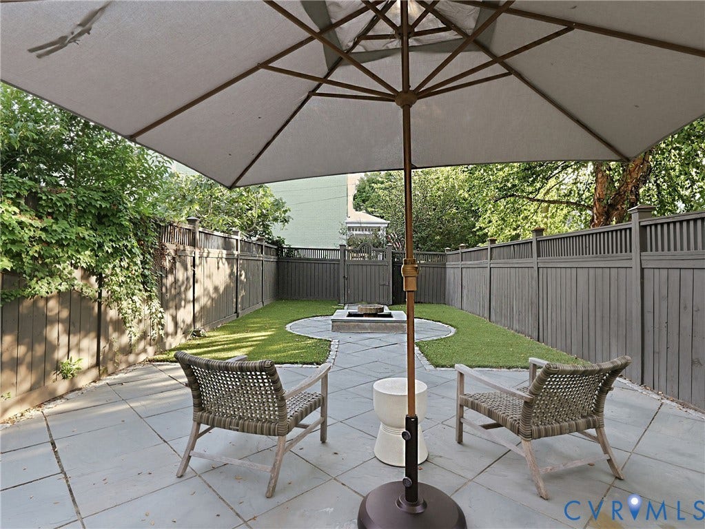 1829 Floyd Avenue, The Fan, Richmond, VA 23220 Private backyard featuring a stone paver patio, a manicured lawn, and a perimeter fence