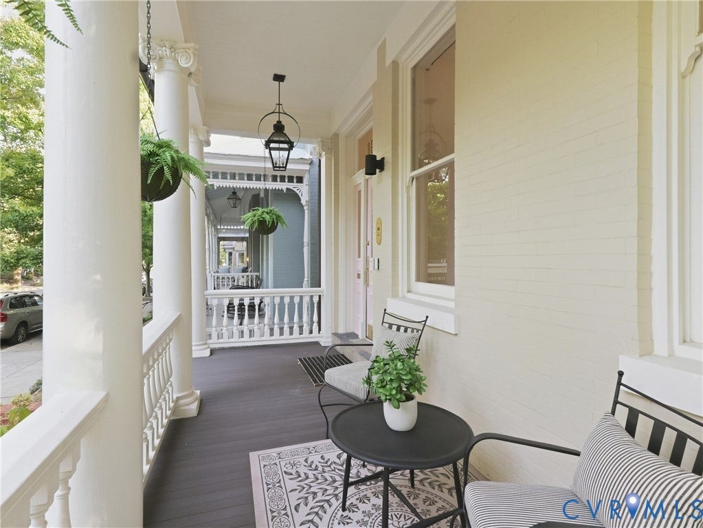 1829 Floyd Avenue, The Fan, Richmond, VA 23220 Expansive front porch featuring white columns with decorative capitals, balustrade railing, and Trex flooring.