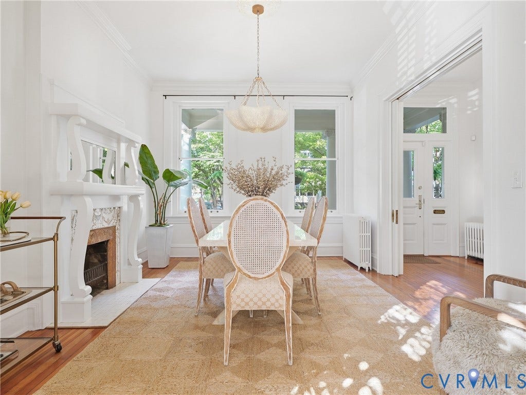 1829 Floyd Avenue, The Fan, Richmond, VA 23220 Hardwood flooring, decorative fireplace with an ornate mantel, crown molding, and custom chandelier lighting fixture