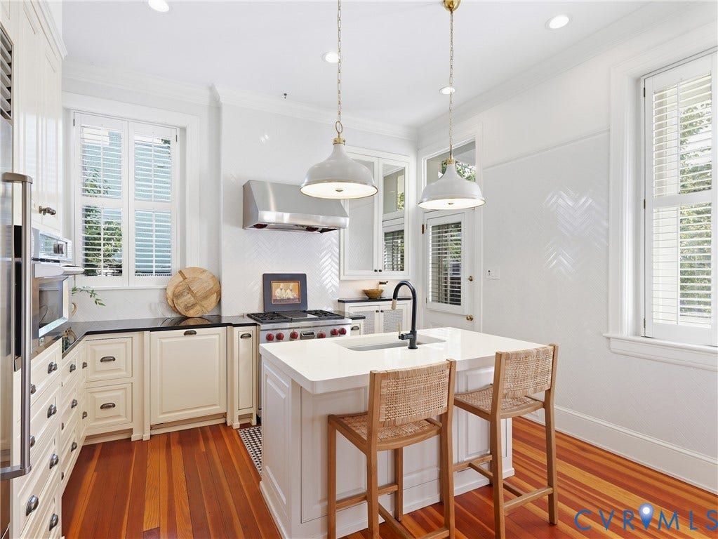 1829 Floyd Avenue, The Fan, Richmond, VA 23220 Hardwood flooring, central island with an integrated sink, built-in stainless steel appliances, white cabinetry, and a herringbone tile backsplash