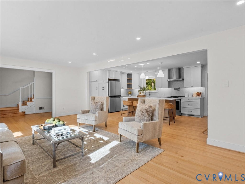 3436 Kenmore Road, Richmond, VA 23225 Open-concept living area with wood-finish flooring, a contemporary kitchen featuring stainless steel appliances, white cabinetry, and recessed lighting