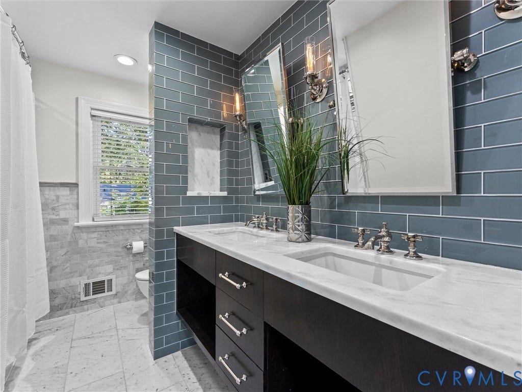 3436 Kenmore Road, Richmond, VA 23225 Dual vanity with built-in storage, white countertop, and under-mount sinks