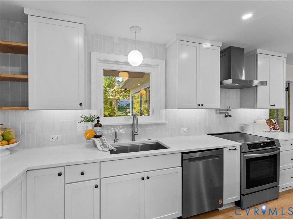 3436 Kenmore Road, Richmond, VA 23225 White shaker cabinetry, light countertops, stainless steel appliances, open shelving, and a single basin sink