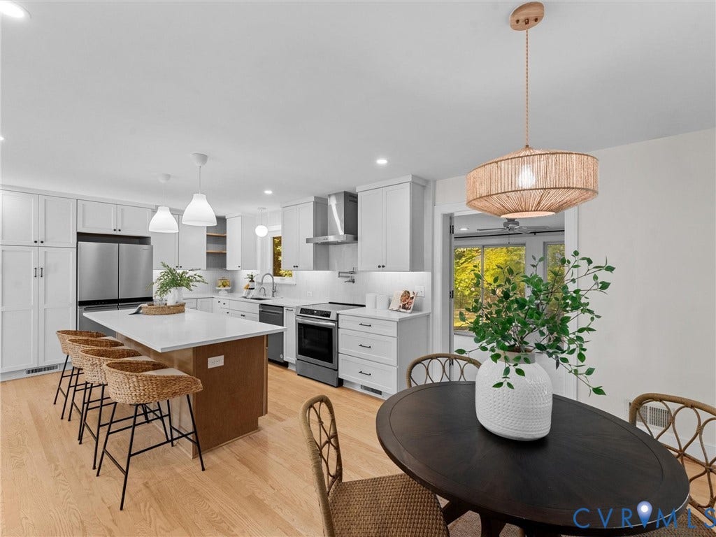 3436 Kenmore Road, Richmond, VA 23225 Kitchen featuring light wood-finish flooring, white cabinetry, a center island with countertop seating, stainless steel appliances, and a recessed lighting package