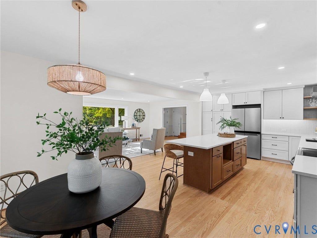 3436 Kenmore Road, Richmond, VA 23225 Recessed lighting, wood-finish flooring, white cabinetry, stainless steel refrigerator, and a kitchen island with white countertop