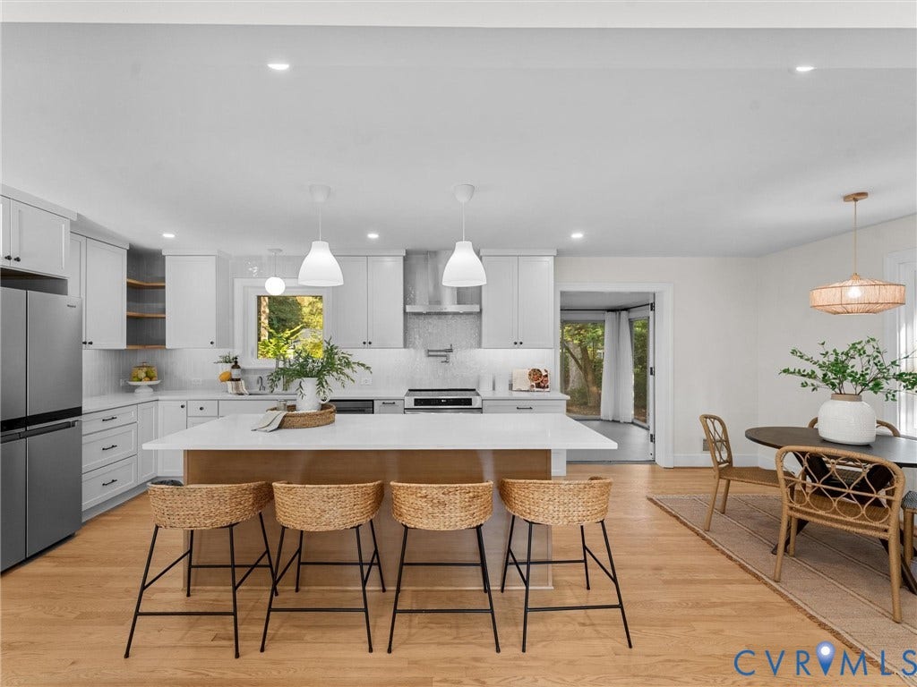 3436 Kenmore Road, Richmond, VA 23225 Contemporary kitchen featuring light wood-finish flooring, white cabinetry, recessed lighting, a kitchen island with seating, and a dining area with a woven pendant light
