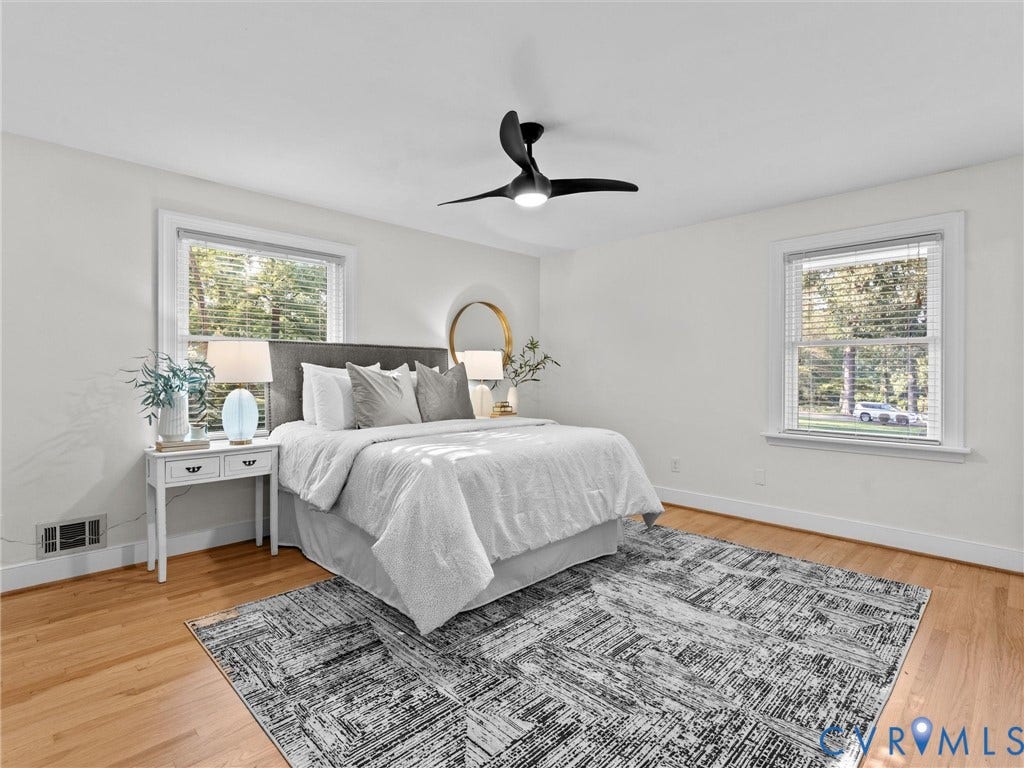 3436 Kenmore Road, Richmond, VA 23225 Hardwood flooring, two windows with blinds, and a modern ceiling fan with integrated lighting