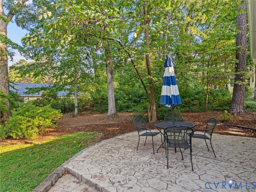 3436 Kenmore Road, Richmond, VA 23225 Expansive outdoor patio featuring stamped concrete, bordered by a retaining wall with stone accents