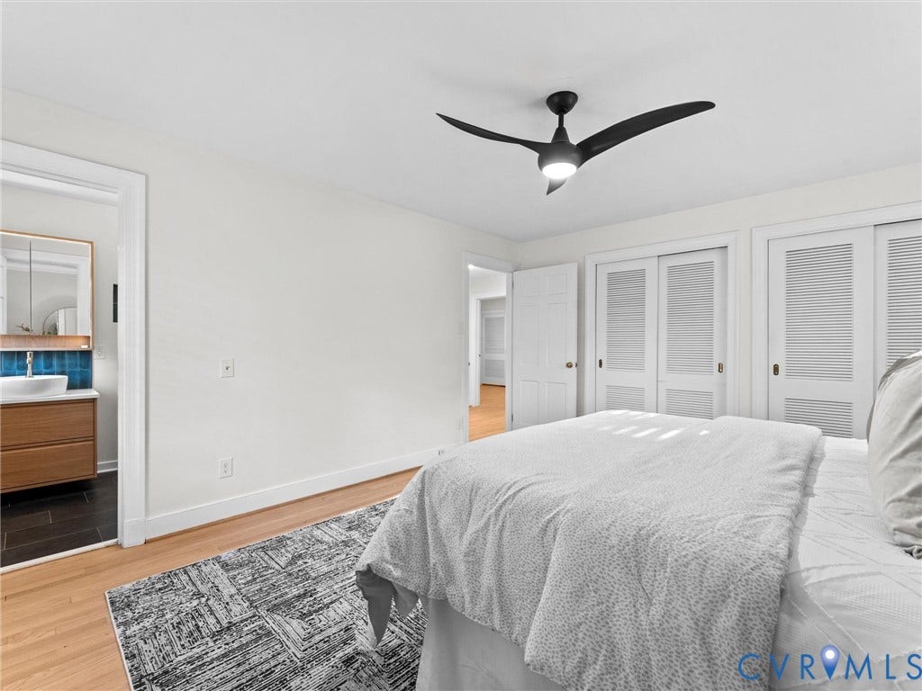 3436 Kenmore Road, Richmond, VA 23225 Hardwood flooring, contemporary ceiling fan, dual bi-fold louvered closet doors, and recessed lighting